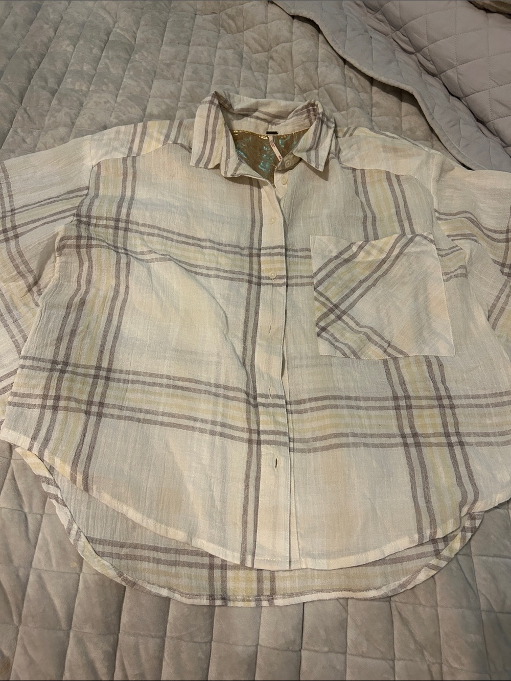 Free People Cream Plaid Shirt with Gray and Yellow Stripes ranglan sleeve